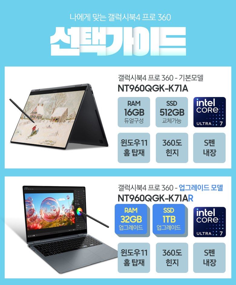 삼성전자 갤럭시북4 프로360 NT960QGK-K71AR 인텔 코어 울트라 7 삼성노트북 S펜포함